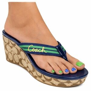 COACH Gabriela Women’s Stripe Blue Stripe Green Platform Wedge Sandal 7.5 Medium